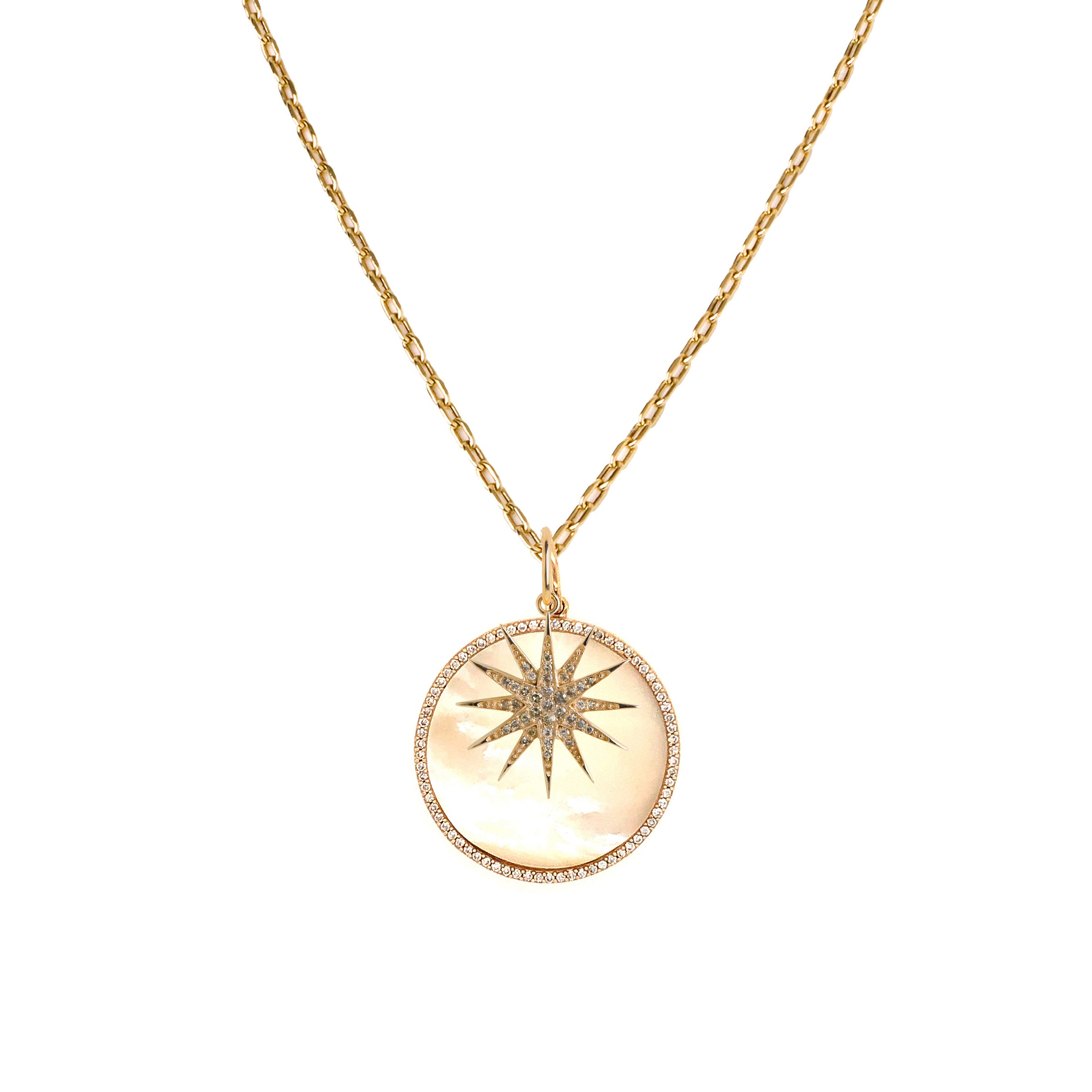 LARGE MOTHER-OF-PEARL MEDALLION & STARBURST DIAMOND CHARM NECKLACE