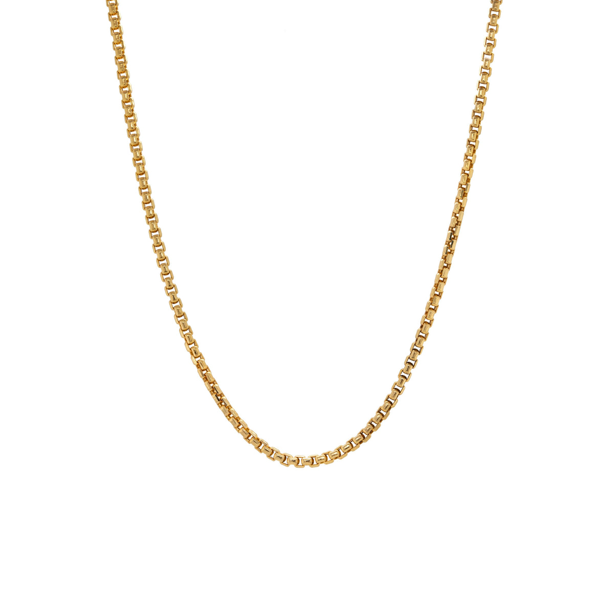 1.8mm Box Chain: 14K gold 1.8mm box chain necklace on a white background