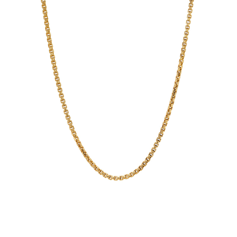 1.8mm Box Chain: 14K gold 1.8mm box chain necklace on a white background