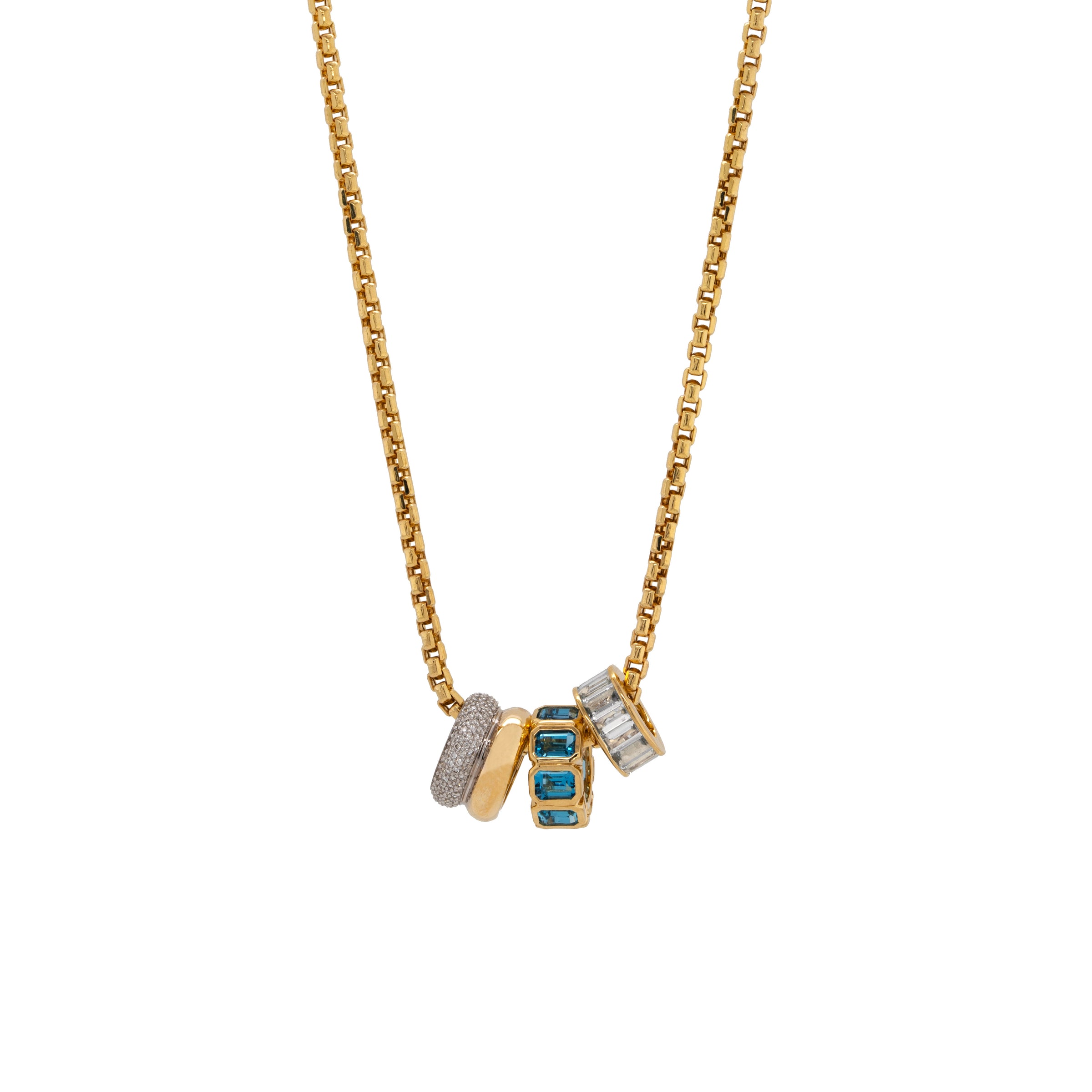 2mm Box Chain Gold necklace with the Baguette Rondelle, Gold & Diamond Row Rondelle, and the Bezel-set Rondelle on a white background