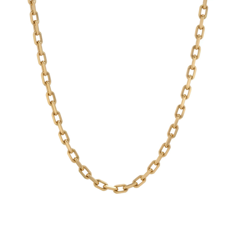 14K solid gold 2mm Diamond-edge Chain shown hanging on a white background