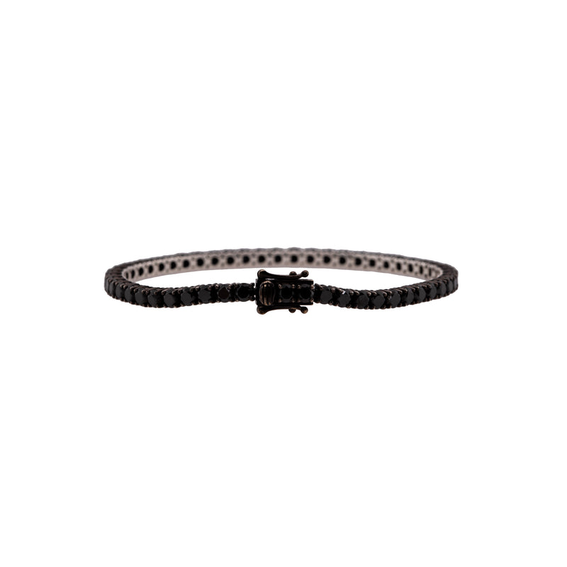 back view of 3MM black diamond tennis bracelet, Bracelet with black stones on a white background