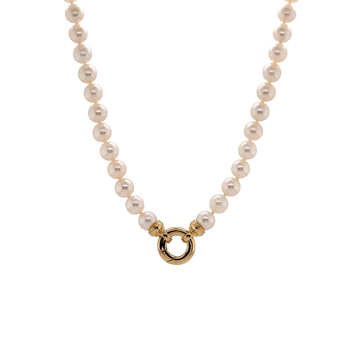 7-7.5mm Akoya Pearl Necklace: Pearl necklace with a gold clasp on a white background