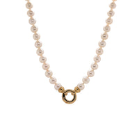 7-7.5mm Akoya Pearl Necklace: Pearl necklace with a gold clasp on a white background