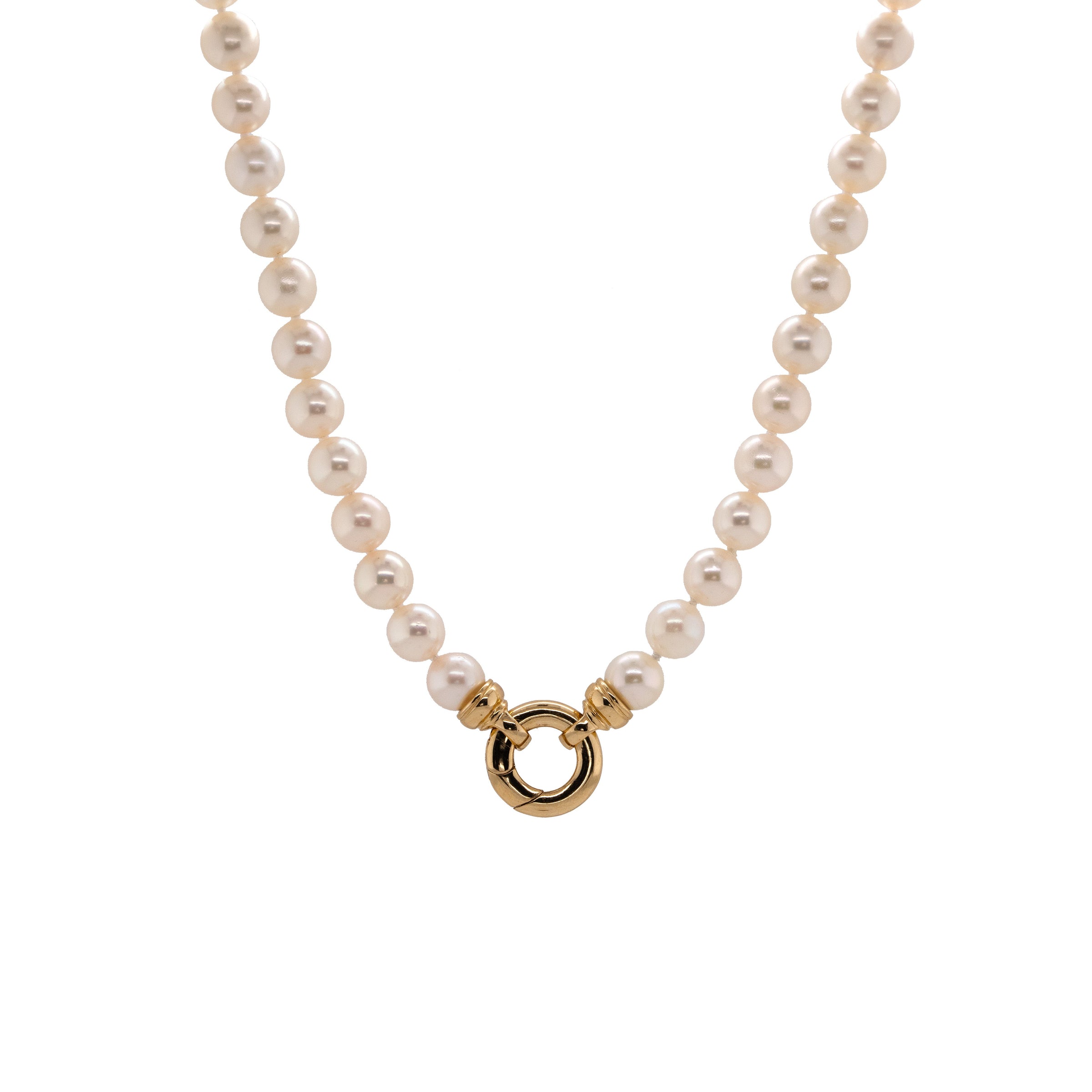 7-7.5mm Akoya Pearl Necklace: Pearl necklace with a gold clasp on a white background