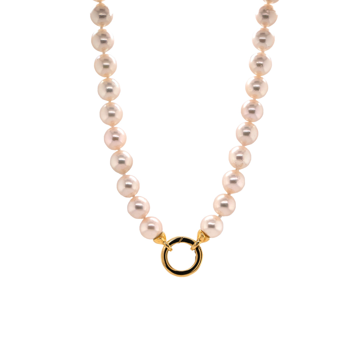8.5-9mm Akoya Pearl Necklace: Pearl necklace with a gold clasp on a white background