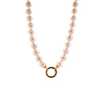 8.5-9mm Akoya Pearl Necklace: Pearl necklace with a gold clasp on a white background
