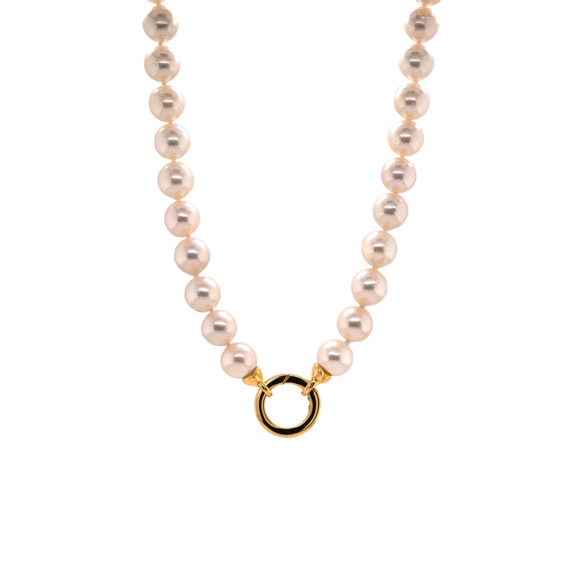 8.5-9mm Akoya Pearl Necklace: Pearl necklace with a gold clasp on a white background