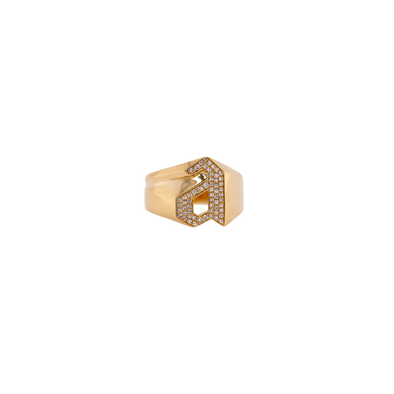 "A" Alphabet Signet Ring: A 14K gold signet ring with a letter 'A' design, set with small diamonds.