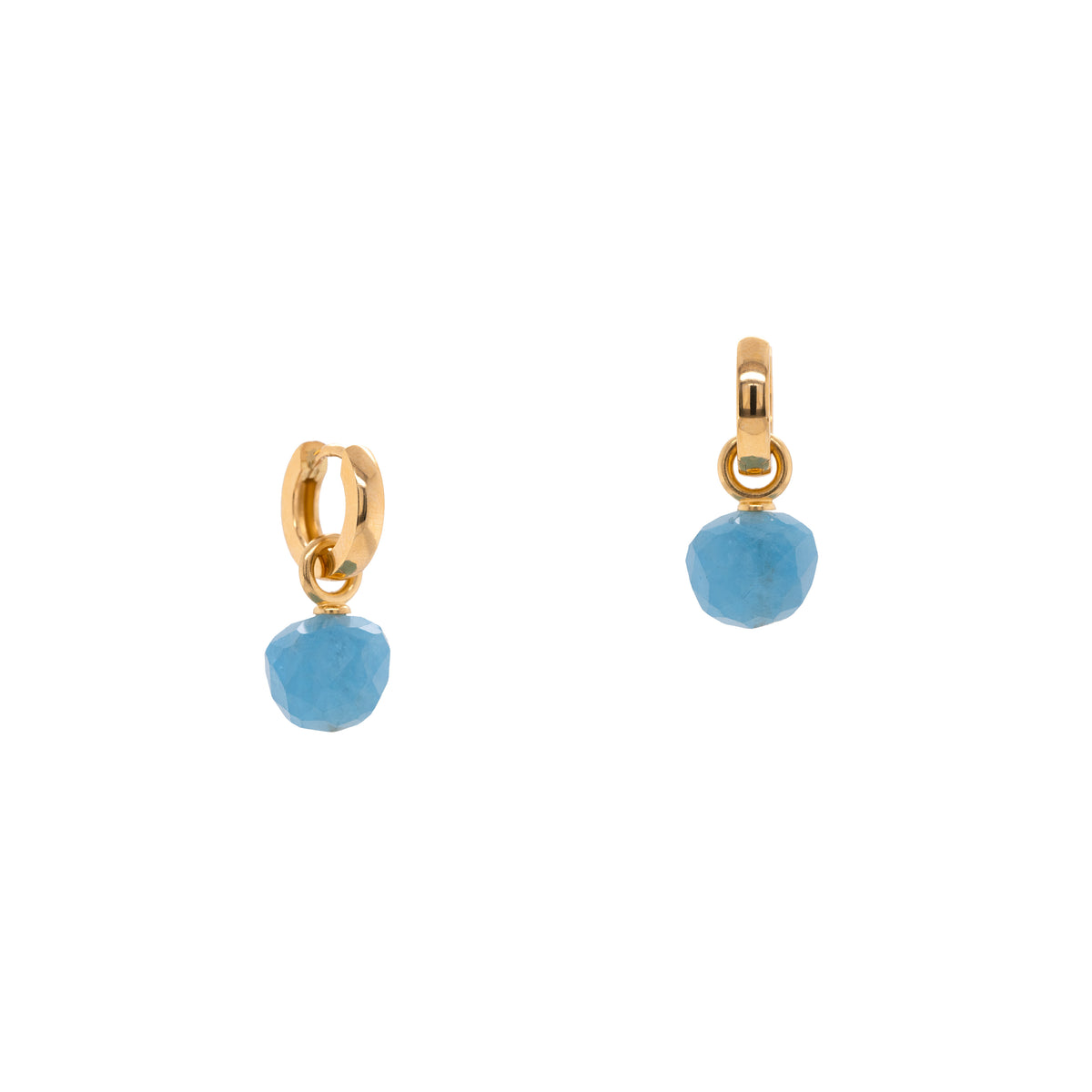 Aquamarine Drops with 12mm Huggies: A pair of 14K gold huggie earrings with blue aquamarine stones.