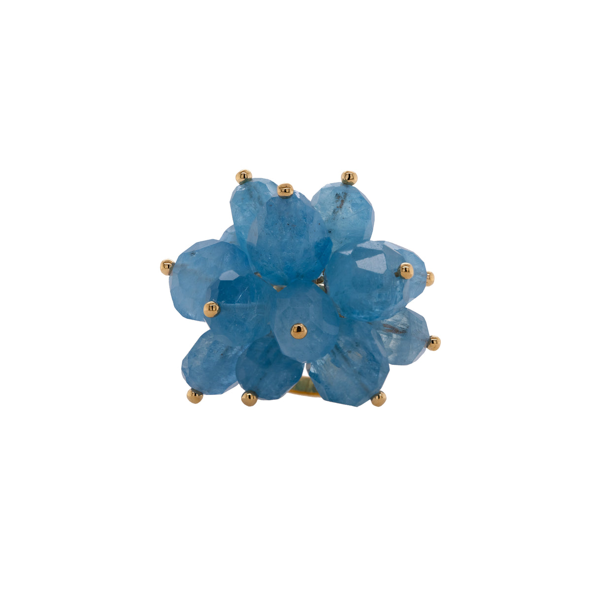 Aquamarine Pom Pom Ring: A gold band ring with a cluster of large aquamarine gemstones made into a flower-shaped centerpiece.