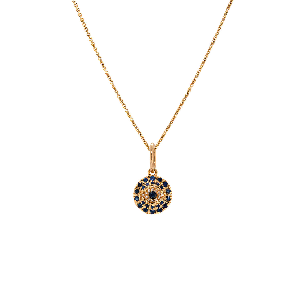 Baby Blue Sapphire Evil Eye Medallion Necklace: A gold chain necklace with blue sapphires and diamonds in an evil eye design medallion, set against a white background.