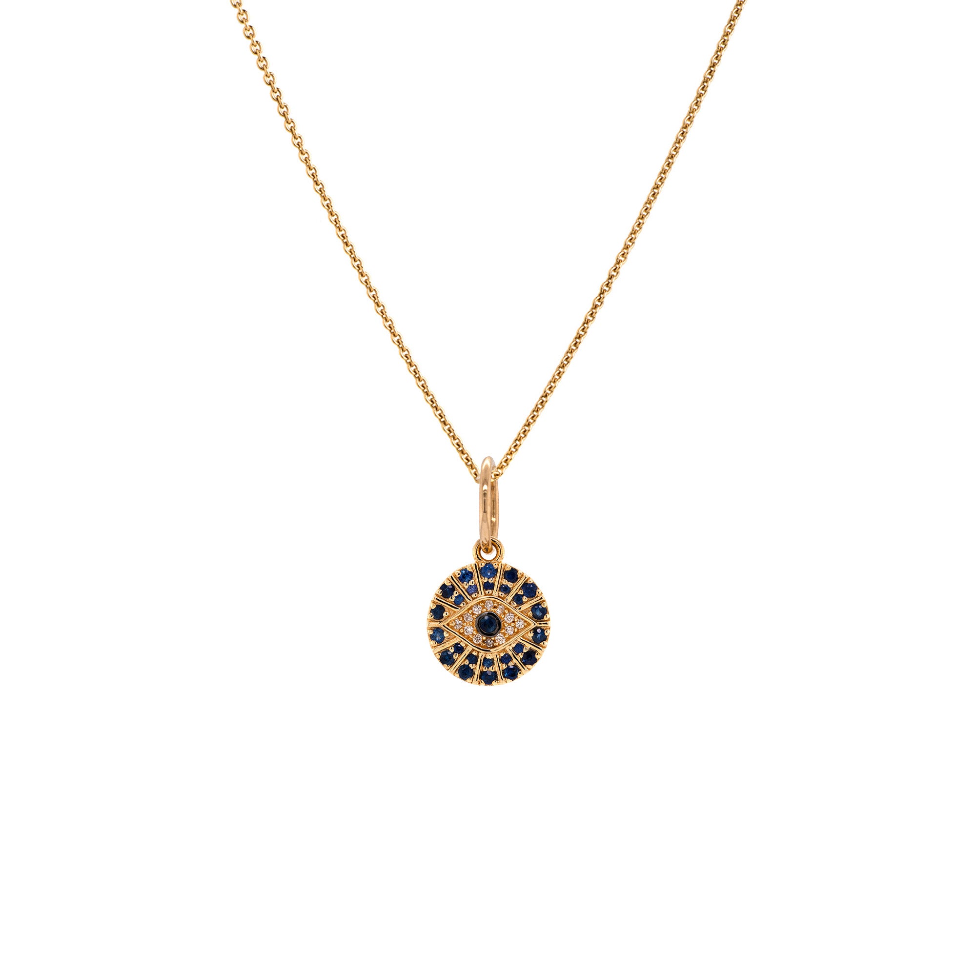 Baby Blue Sapphire Evil Eye Medallion Necklace: A gold chain necklace with blue sapphires and diamonds in an evil eye design medallion, set against a white background.