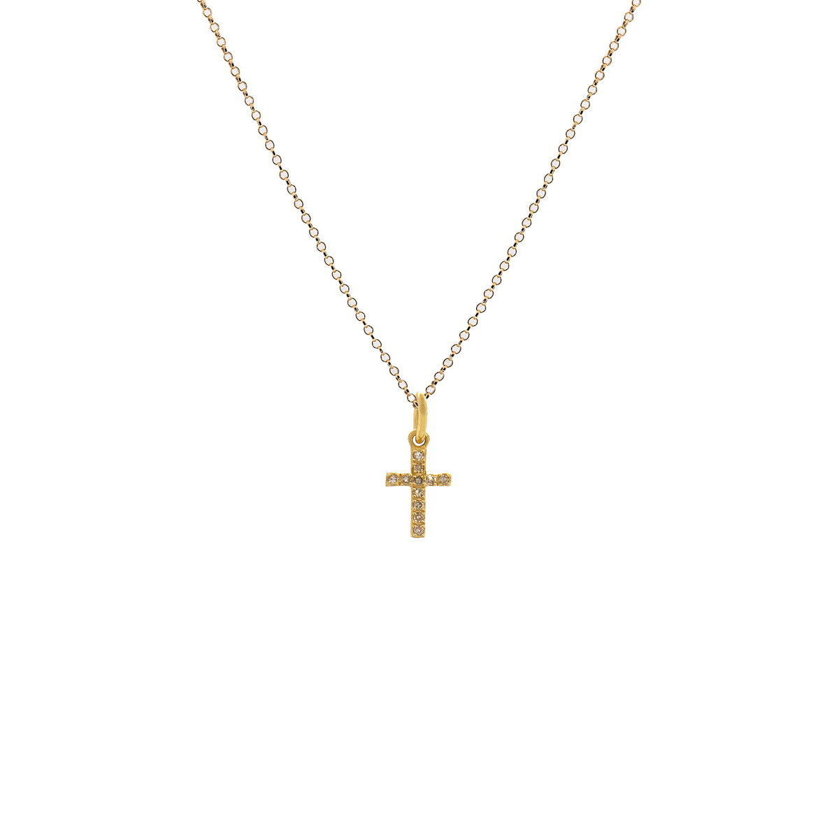 Baby Cross Necklace, a 14K gold cross pendant on a chain, displayed against a white background.