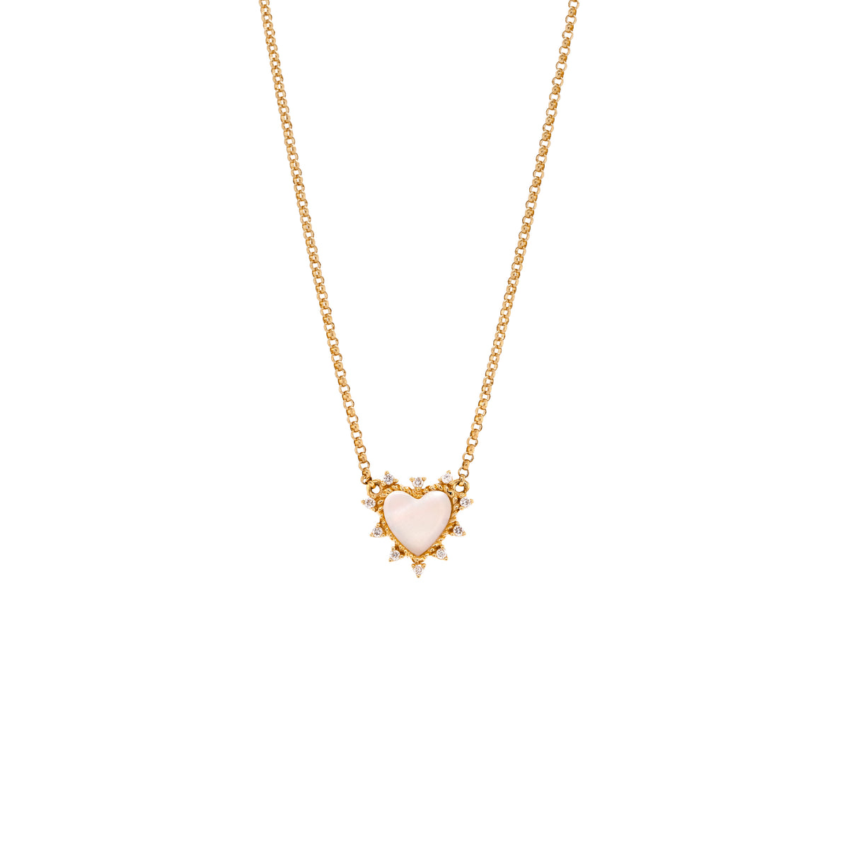 Baby Dazzle Heart Necklace: A 14K gold necklace featuring a mother-of-pearl heart-shaped pendant surrounded by small diamonds