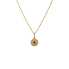 Baby Diamond Evil Eye Necklace: A 14K gold diamond pendant with a central emerald, surrounded by a circle of small diamonds, attached to a gold chain.