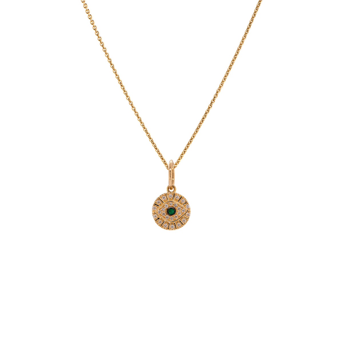 Baby Diamond Evil Eye Necklace: A 14K gold diamond pendant with a central emerald, surrounded by a circle of small diamonds, attached to a gold chain.