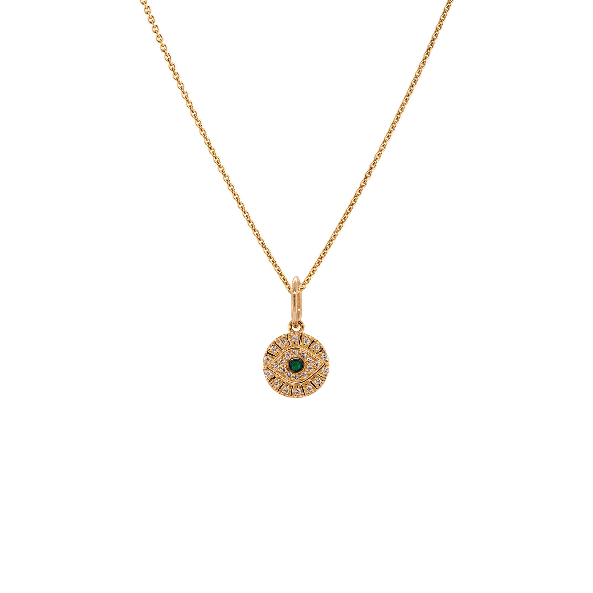 Baby Diamond Evil Eye Necklace: A 14K gold diamond pendant with a central emerald, surrounded by a circle of small diamonds, attached to a gold chain.