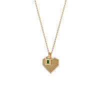 A 14K gold charm necklace with a mini link chain and two charm: Baby Emerald Lock Pendant, and Angular Heart Pendant