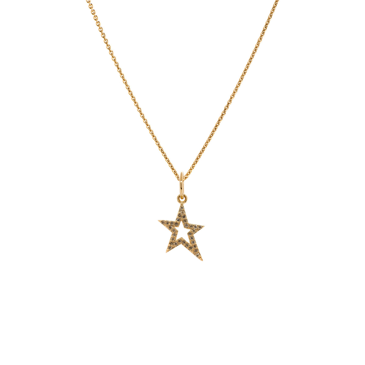 Yellow Gold Baby Hollow Diamond Star Necklace: A 14K gold pendant in the shape of a hollow star with small diamonds, attached to a gold chain.