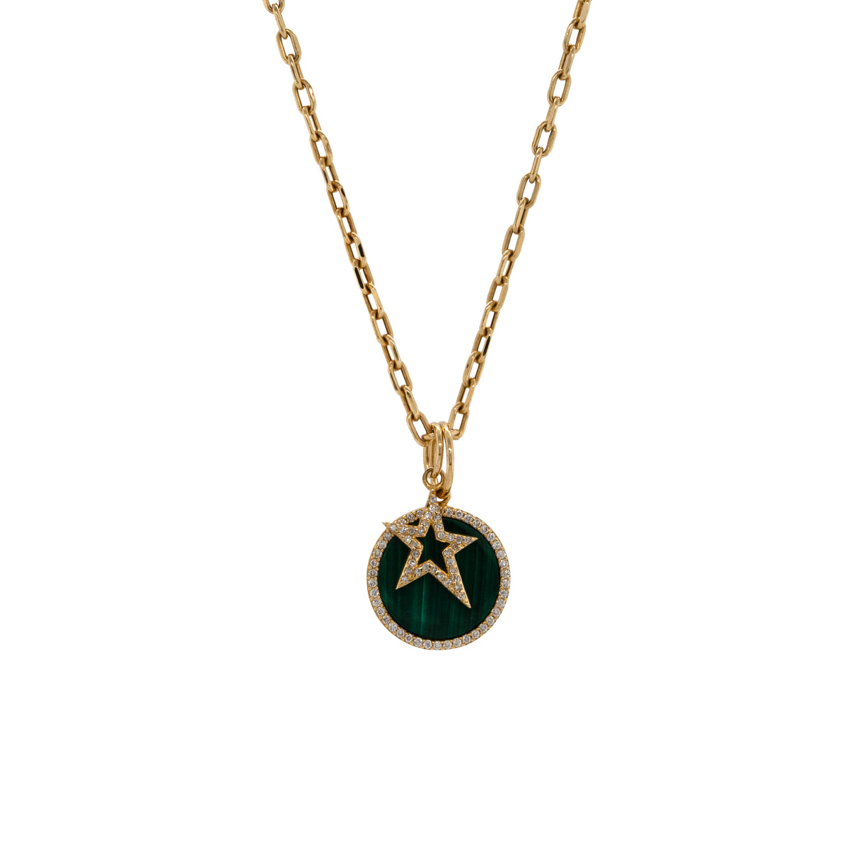 A 14K yellow gold necklace with a long link chain and two charms: the green malachite medallion and the baby hollow diamond star pendant.