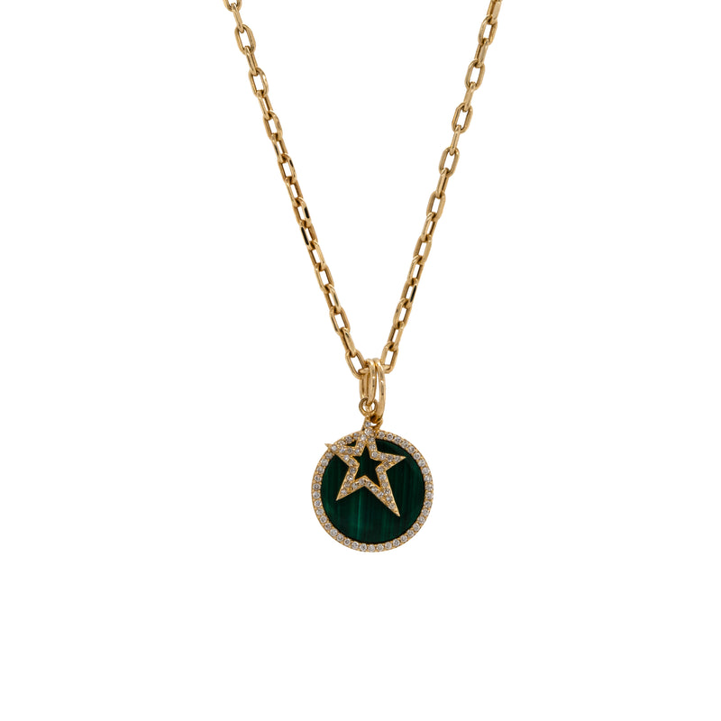 A 14K yellow gold necklace with a long link chain and two charms: the green malachite medallion and the baby hollow diamond star pendant.