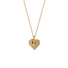 A 14K gold charm necklace with a mini link chain and two charm: Baby Ruby Lock Pendant, and Angular Heart Pendant
