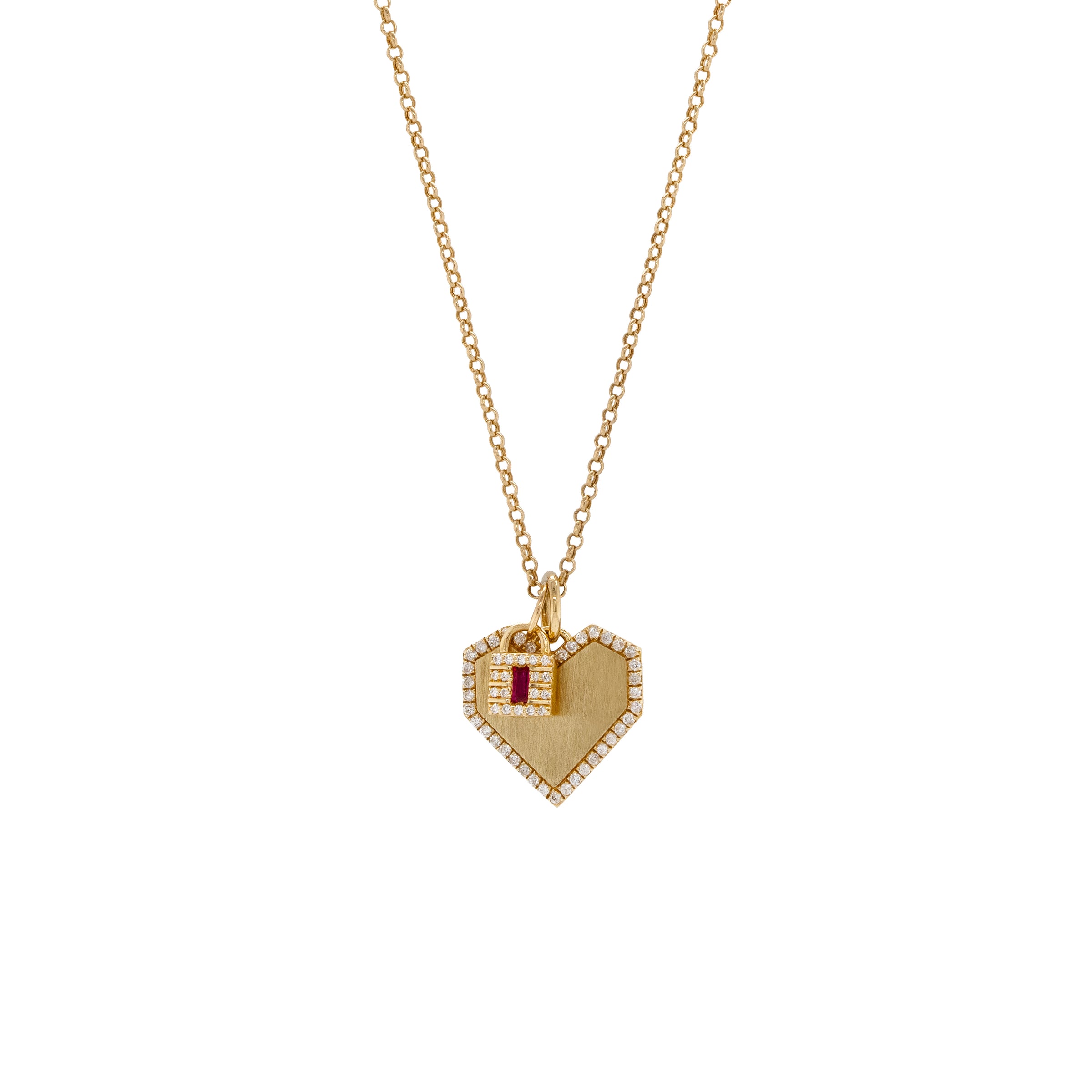 A 14K gold charm necklace with a mini link chain and two charm: Baby Ruby Lock Pendant, and Angular Heart Pendant