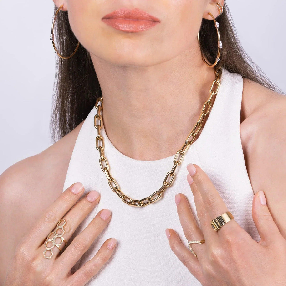 Woman wearing Barbara XL Necklace, and the Queen Bee Ring