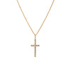 Bezel-set Diamond Cross Necklace: A 14K gold necklace with a cross pendant with a length of 1 inch and a width of 1/2 inch, adorned with white diamonds.