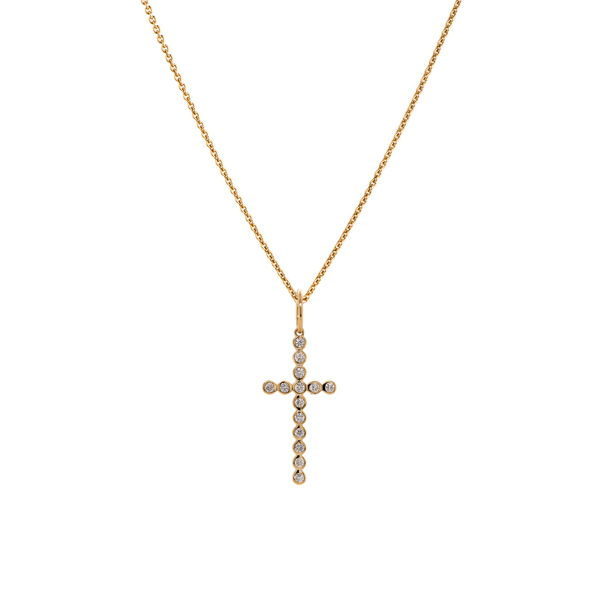 Bezel-set Diamond Cross Necklace: A 14K gold necklace with a cross pendant with a length of 1 inch and a width of 1/2 inch, adorned with white diamonds.
