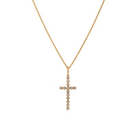 Bezel-set Diamond Cross Necklace: A 14K gold necklace with a cross pendant with a length of 1 inch and a width of 1/2 inch, adorned with white diamonds.