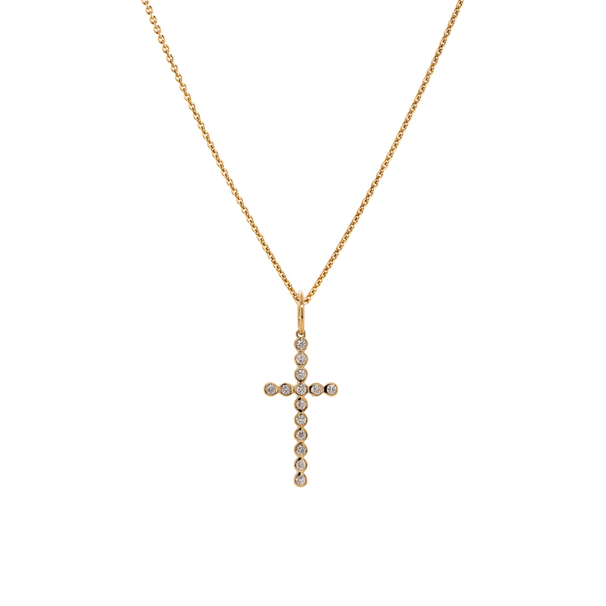 Bezel-set Diamond Cross Necklace: A 14K gold necklace with a cross pendant with a length of 1 inch and a width of 1/2 inch, adorned with white diamonds.