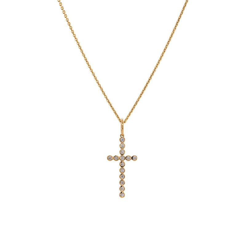 Bezel-set Diamond Cross Necklace: A 14K gold necklace with a cross pendant with a length of 1 inch and a width of 1/2 inch, adorned with white diamonds.