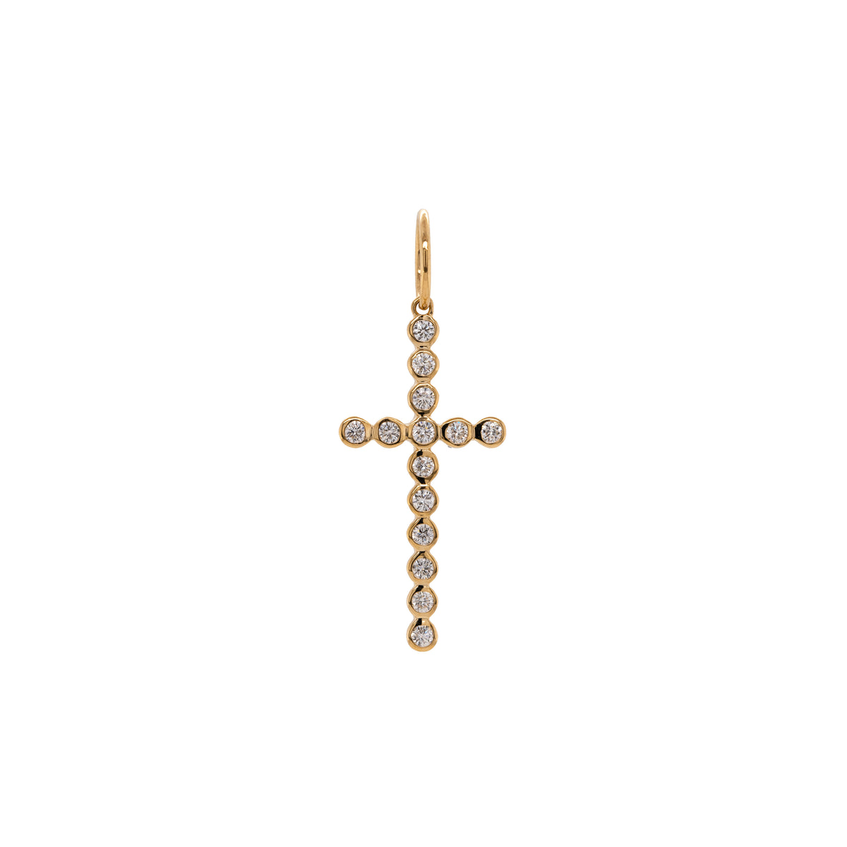 Bezel-set Diamond Cross Pendant: A 14K gold cross pendant with a length of 1 inch and a width of 1/2 inch, adorned with white diamonds.
