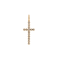 Bezel-set Diamond Cross Pendant: A 14K gold cross pendant with a length of 1 inch and a width of 1/2 inch, adorned with white diamonds.