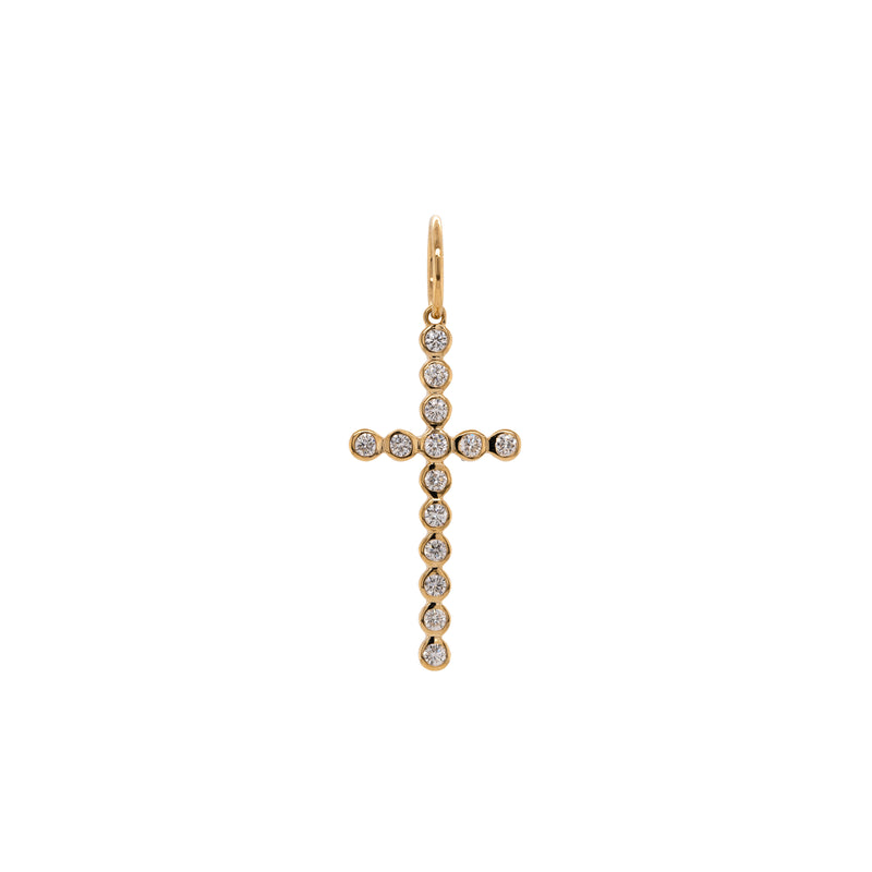 Bezel-set Diamond Cross Pendant: A 14K gold cross pendant with a length of 1 inch and a width of 1/2 inch, adorned with white diamonds.