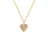 Bezel Spiral Heart Necklace: A 14K gold pendant in the shape of a heart with a diamond in the center, attached to a gold chain.