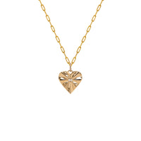 Bezel Spiral Heart Necklace: A 14K gold pendant in the shape of a heart with a diamond in the center, attached to a gold chain.