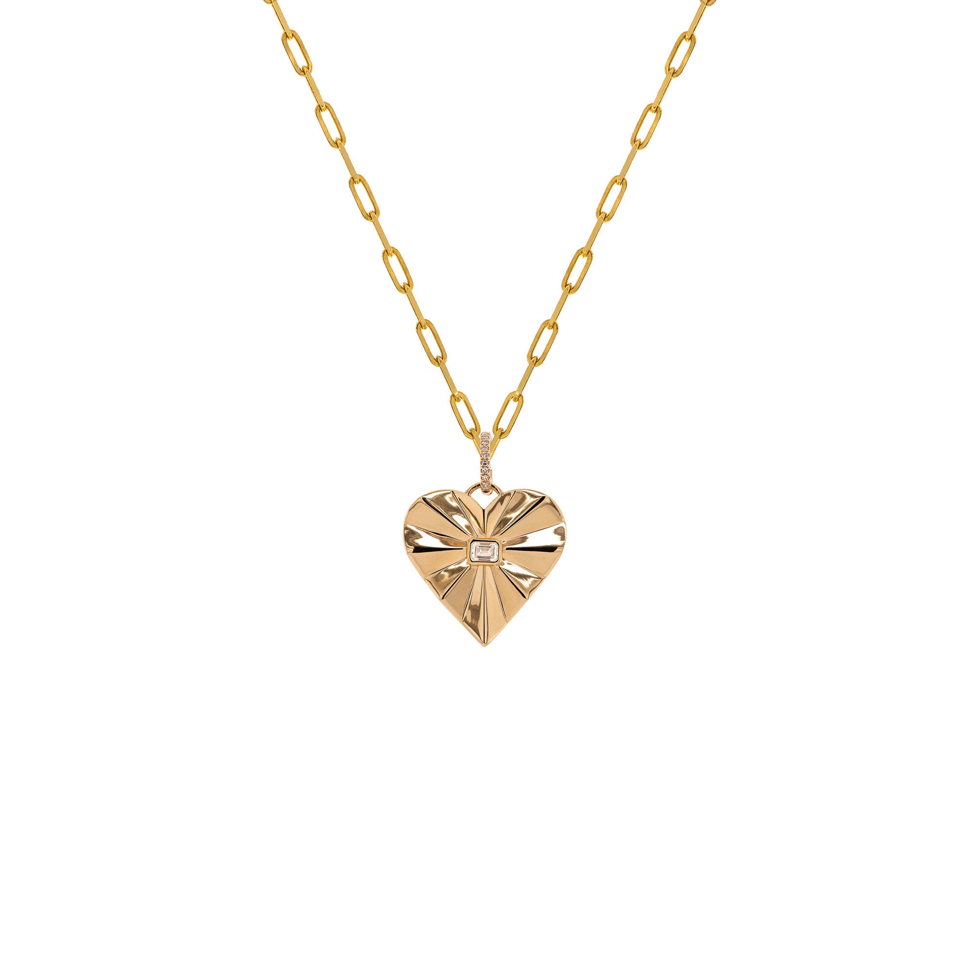 Bezel Spiral Heart Necklace: A 14K gold pendant in the shape of a heart with a diamond in the center, attached to a gold chain.