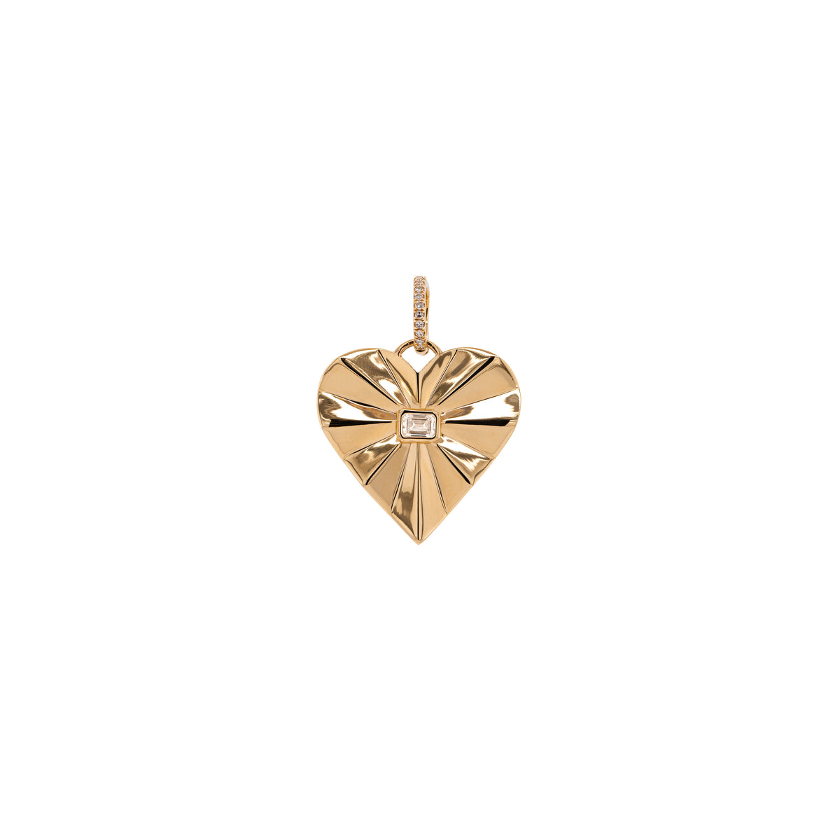 Bezel Spiral Heart Pendant: A 14K gold pendant in the shape of a heart with a diamond in the center