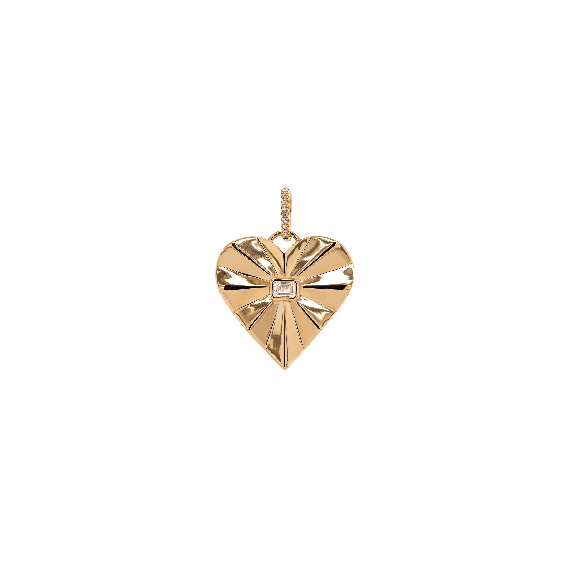 Bezel Spiral Heart Pendant: A 14K gold pendant in the shape of a heart with a diamond in the center