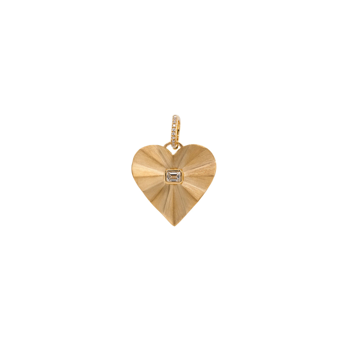 Bezel Spiral Heart Pendant: A 14K gold pendant in the shape of a heart with a diamond in the center