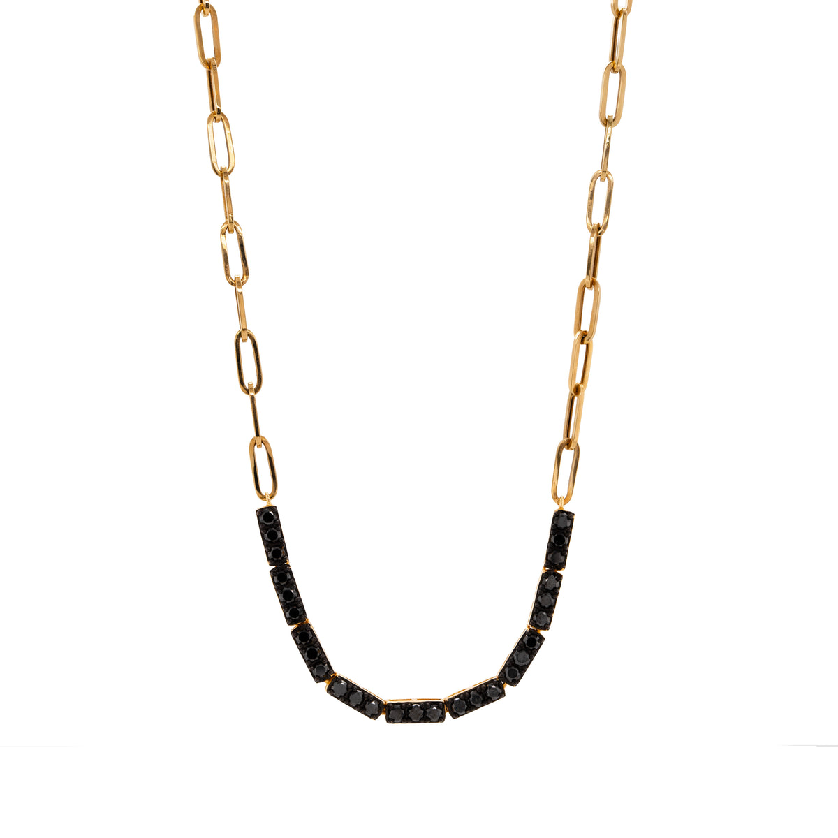 Black Diamond Row Necklace, Necklace with black diamonds on a 14K gold chain against a white background