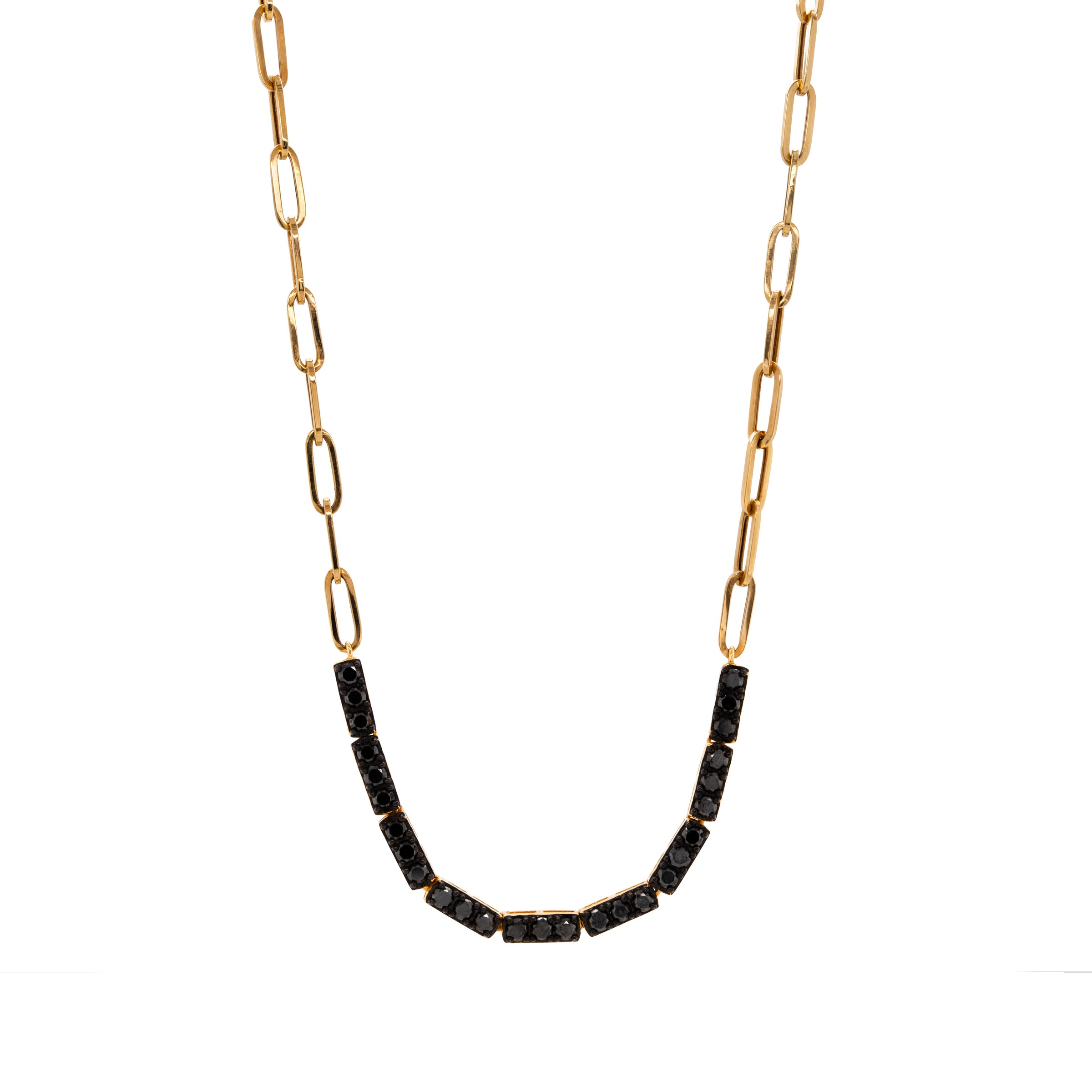 Black Diamond Row Necklace, Necklace with black diamonds on a 14K gold chain against a white background