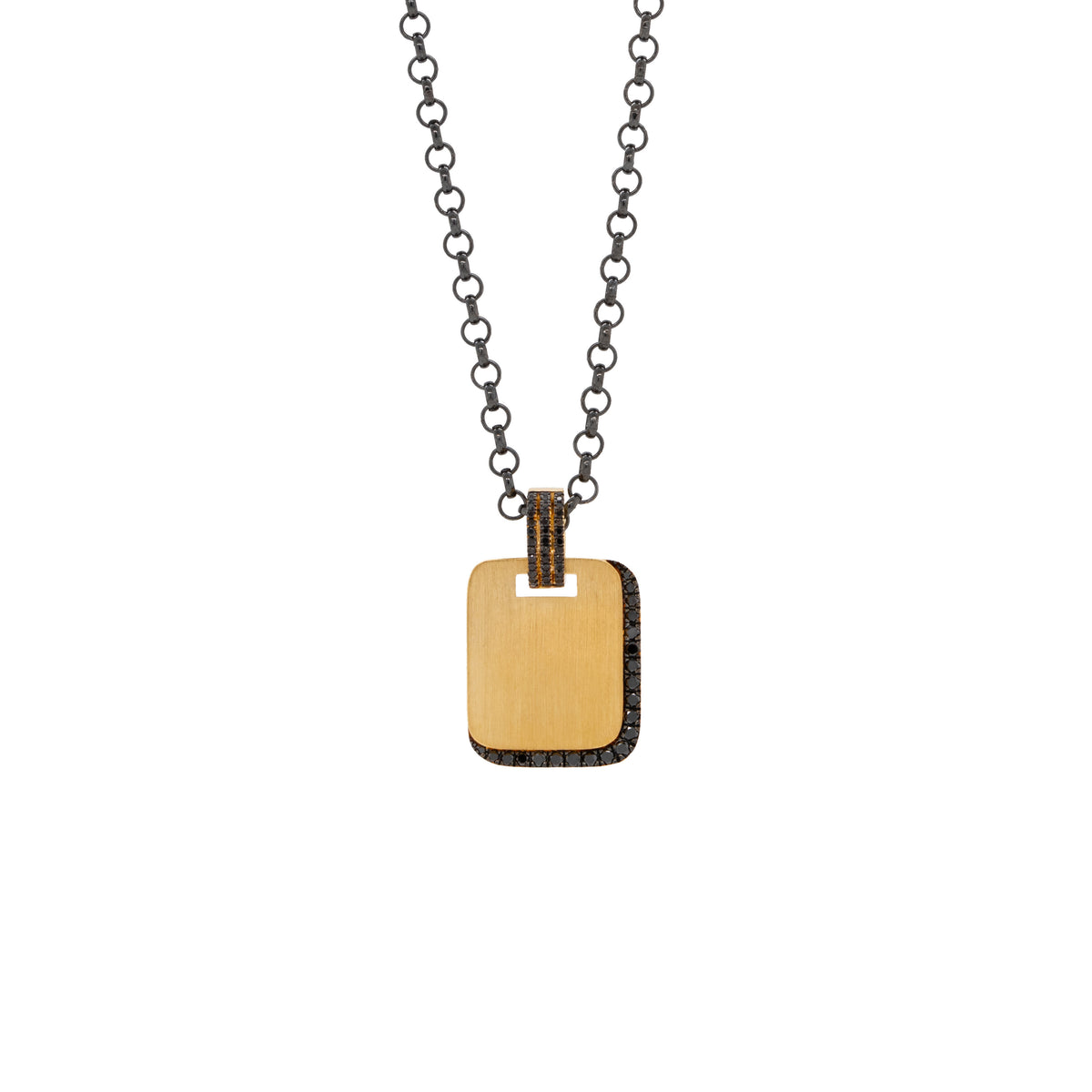 Black Diamond Shadow Necklace: Necklace with a 14K gold rectangular pendant on a white background