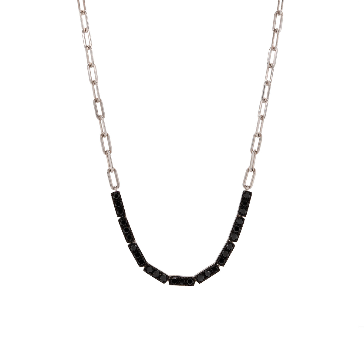 Black Diamond Silver Row Necklace, Necklace with black diamonds on a silver chain against a white background