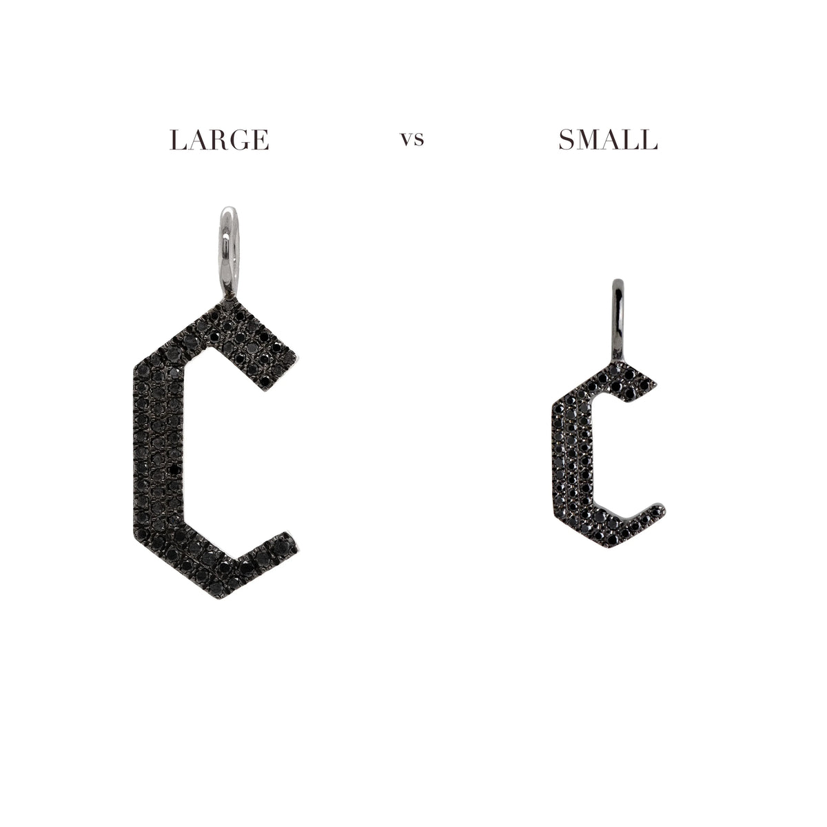 Comparison of the "c" Large Black Diamond Alphabet Pendant and "c" Small Black Diamond Alphabet Pendant