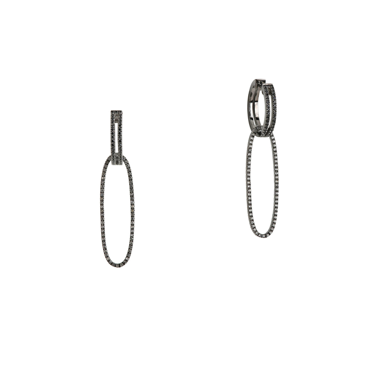 Black Spinel Open Bar Huggies with Reversible White Sapphire & Black Spinel Oval Earring Extensions: A pair of sterling silver huggies earrings with extensions of one side featuring black spinel and the other side featuring white sapphire.