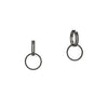 Black Spinel Open Bar Huggies with Reversible White Sapphire & Black Spinel Round Earring Extensions: A pair of sterling silver huggies earrings with extensions of one side featuring black spinel and the other side featuring white sapphire.
